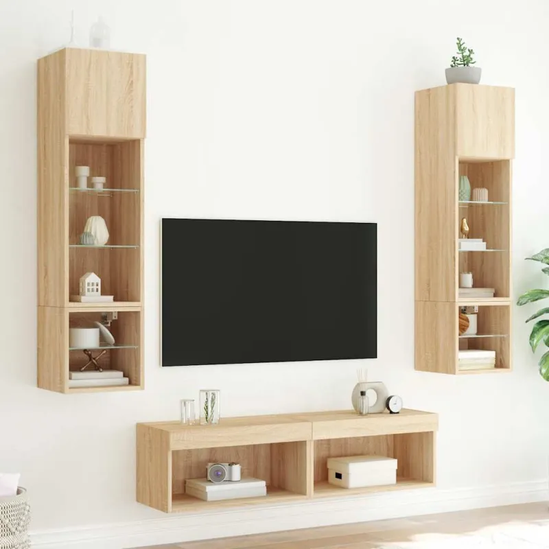 Sieninė TV sekcija su LED, 6 dalių, ąžuolo, apdirbta mediena