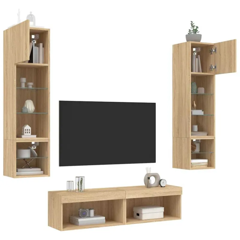 Sieninė TV sekcija su LED, 6 dalių, ąžuolo, apdirbta mediena