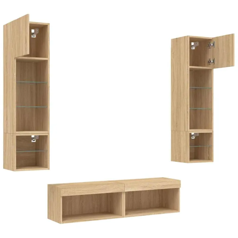 Sieninė TV sekcija su LED, 6 dalių, ąžuolo, apdirbta mediena