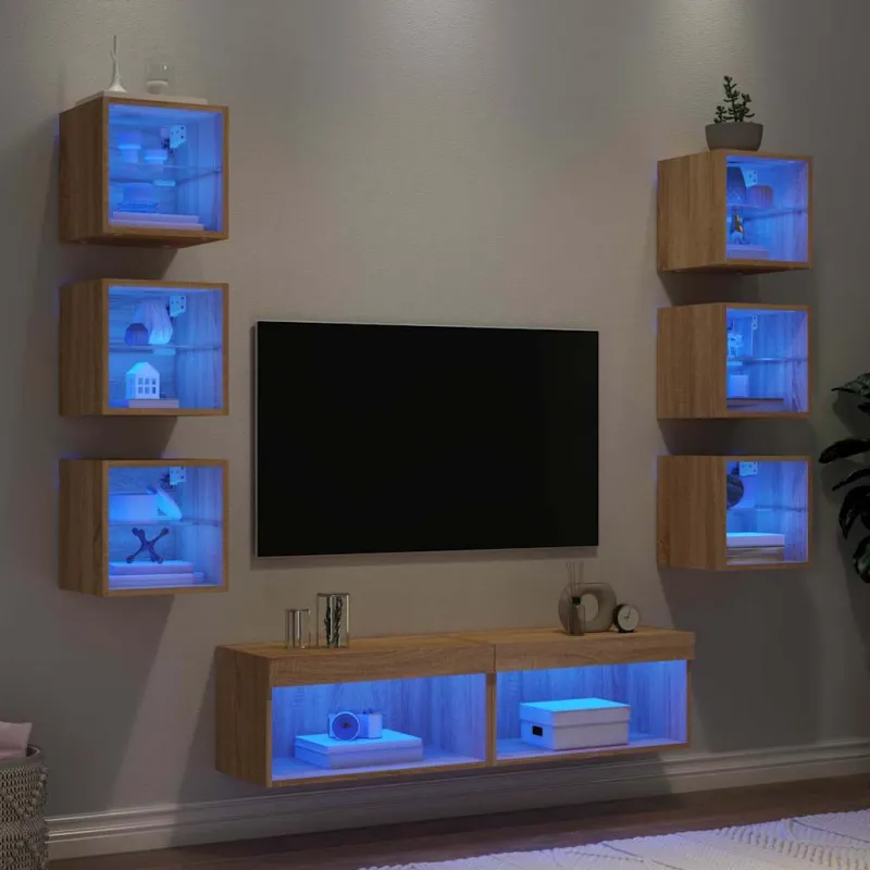 Sieninė TV sekcija su LED, 8 dalių, ąžuolo, apdirbta mediena
