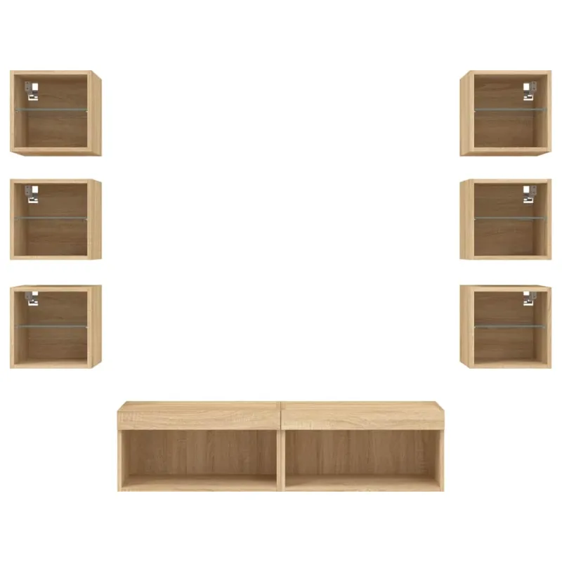 Sieninė TV sekcija su LED, 8 dalių, ąžuolo, apdirbta mediena