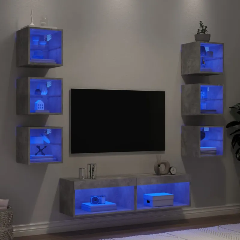 Sieninė TV sekcija su LED, 8 dalių, betono, apdirbta mediena