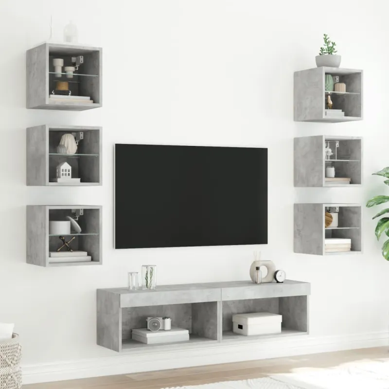 Sieninė TV sekcija su LED, 8 dalių, betono, apdirbta mediena