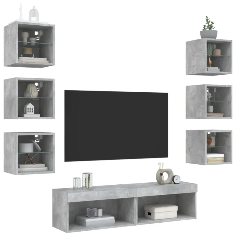 Sieninė TV sekcija su LED, 8 dalių, betono, apdirbta mediena