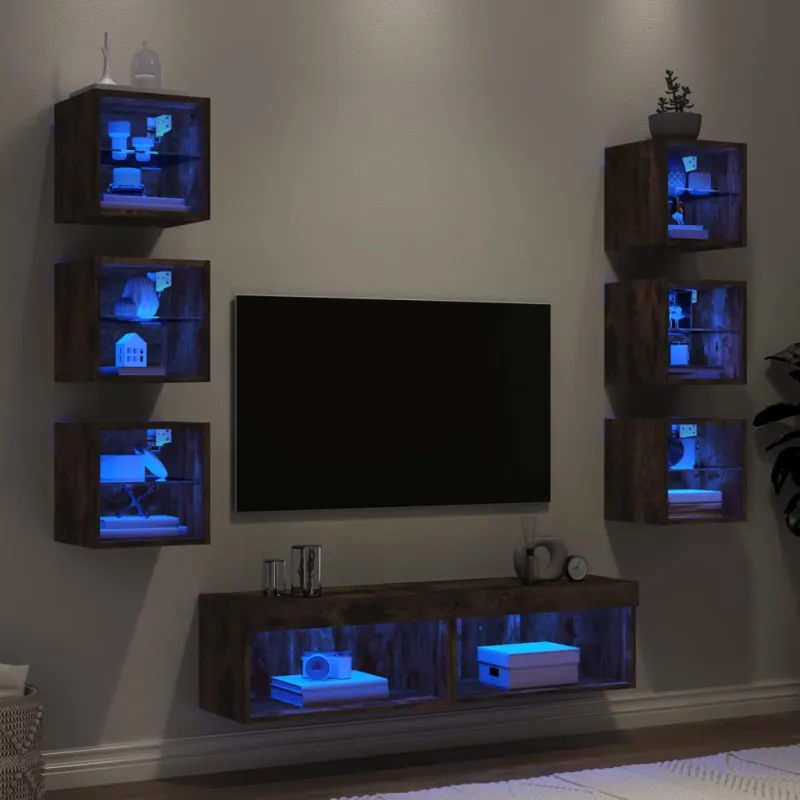 Sieninė TV sekcija su LED, 8 dalių, dūminio ąžuolo, mediena