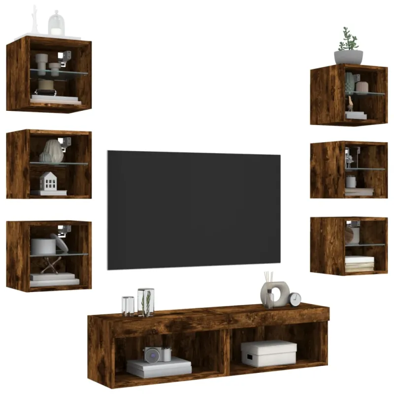 Sieninė TV sekcija su LED, 8 dalių, dūminio ąžuolo, mediena
