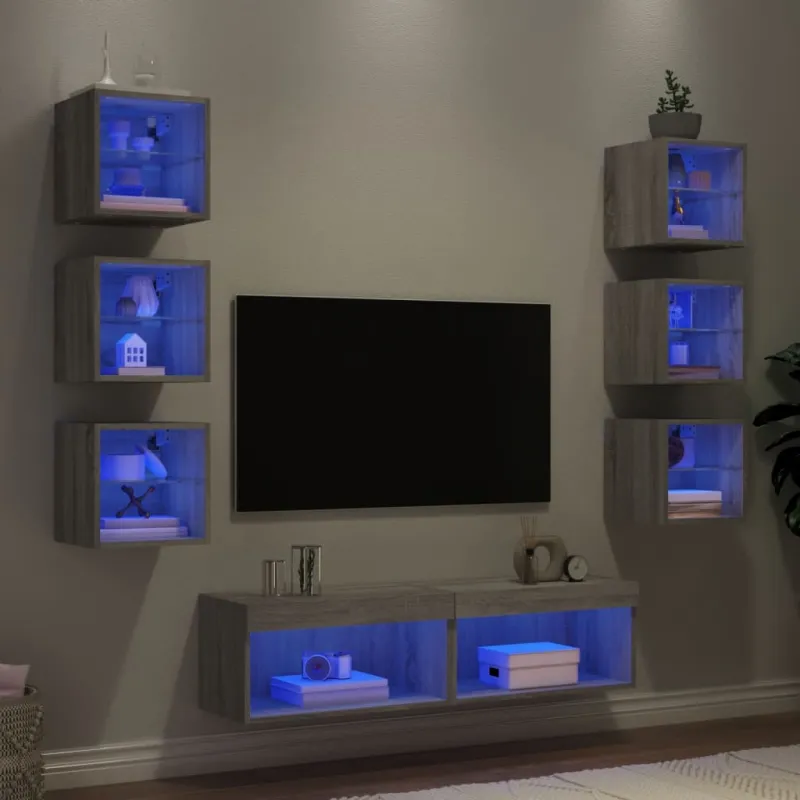 Sieninė TV sekcija su LED, 8 dalių, pilka ąžuolo, mediena