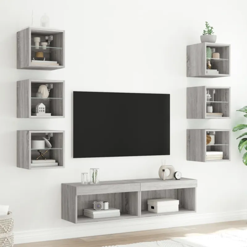 Sieninė TV sekcija su LED, 8 dalių, pilka ąžuolo, mediena