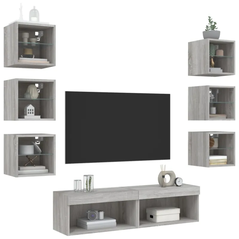 Sieninė TV sekcija su LED, 8 dalių, pilka ąžuolo, mediena