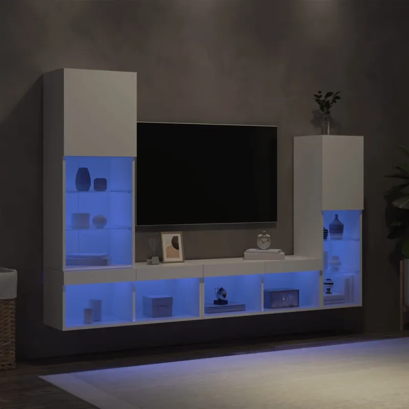 Sieninė TV sekcija su LED, 4 dalių, balta, apdirbta mediena