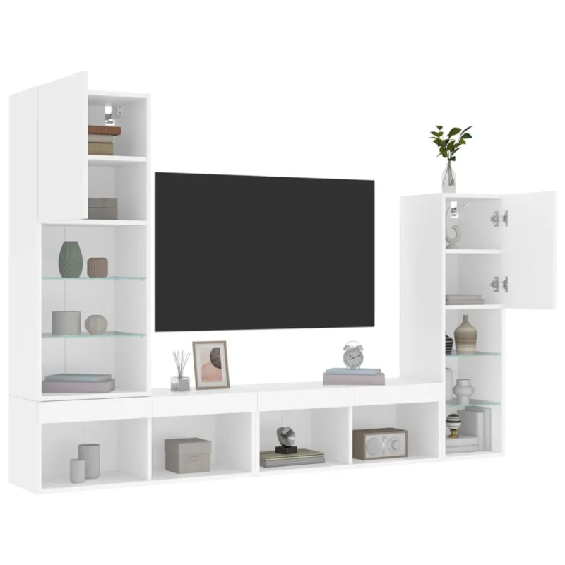 Sieninė TV sekcija su LED, 4 dalių, balta, apdirbta mediena