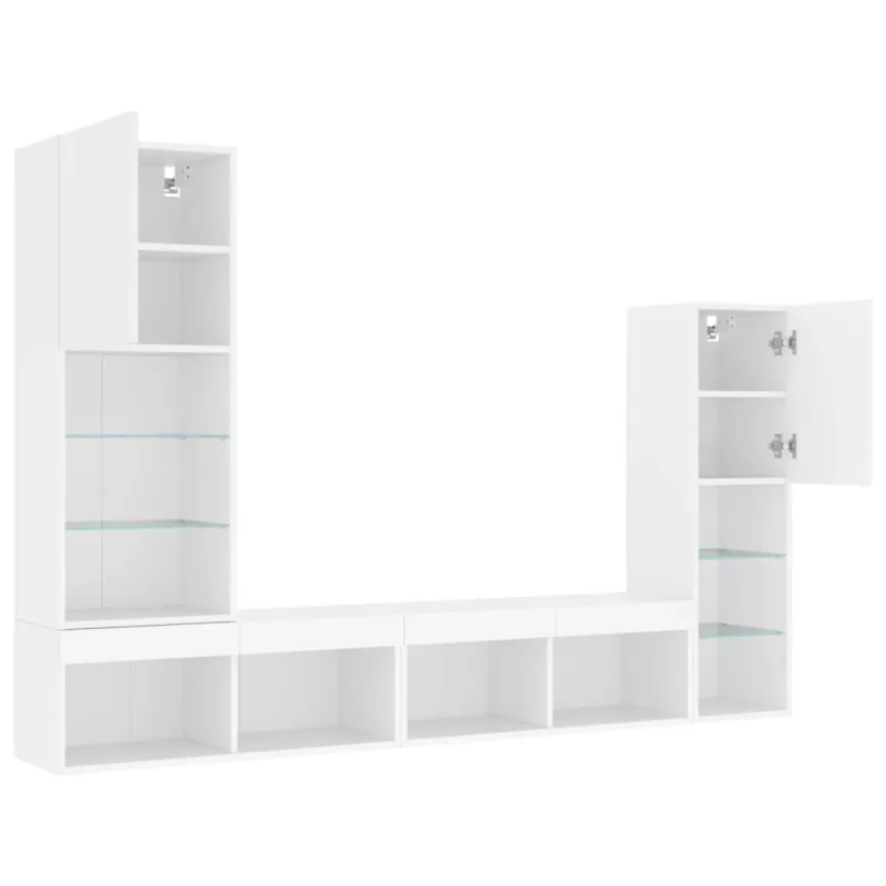 Sieninė TV sekcija su LED, 4 dalių, balta, apdirbta mediena