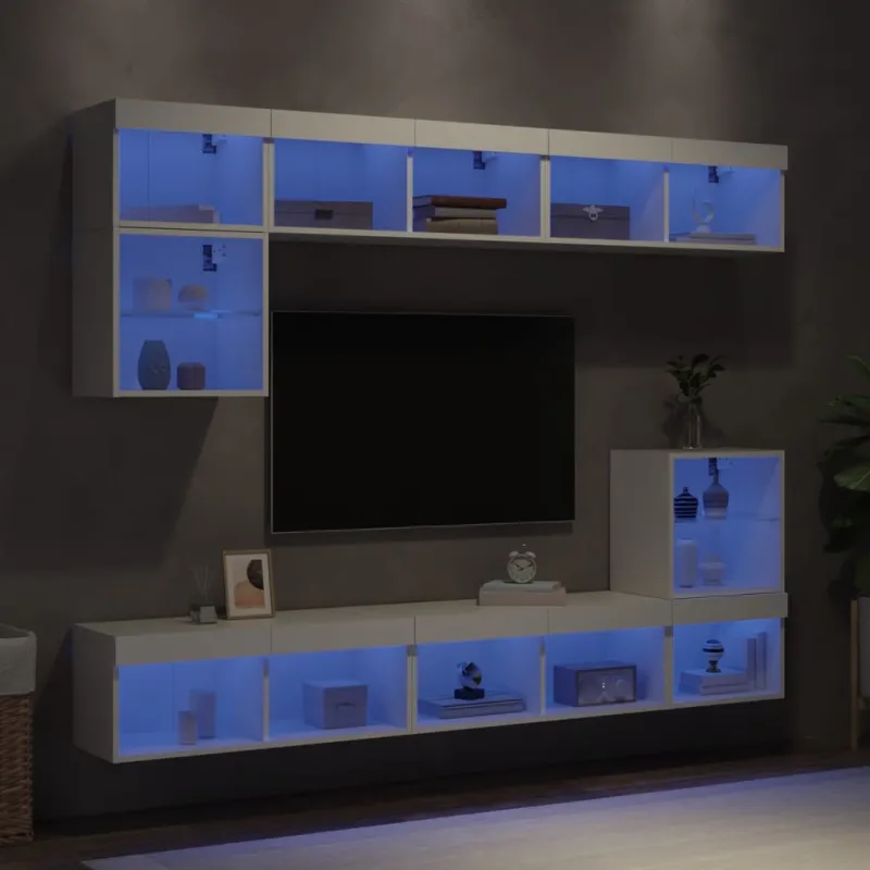 Sieninė TV sekcija su LED, 8 dalių, balta, apdirbta mediena