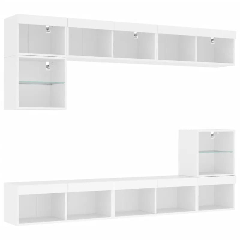 Sieninė TV sekcija su LED, 8 dalių, balta, apdirbta mediena