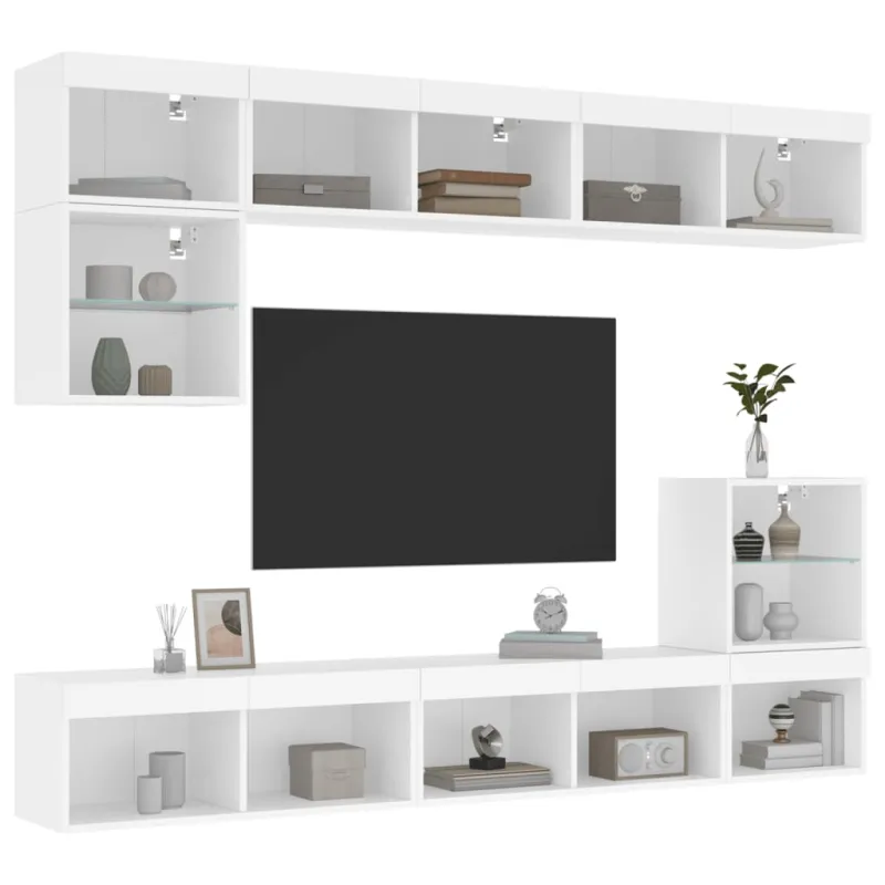 Sieninė TV sekcija su LED, 8 dalių, balta, apdirbta mediena