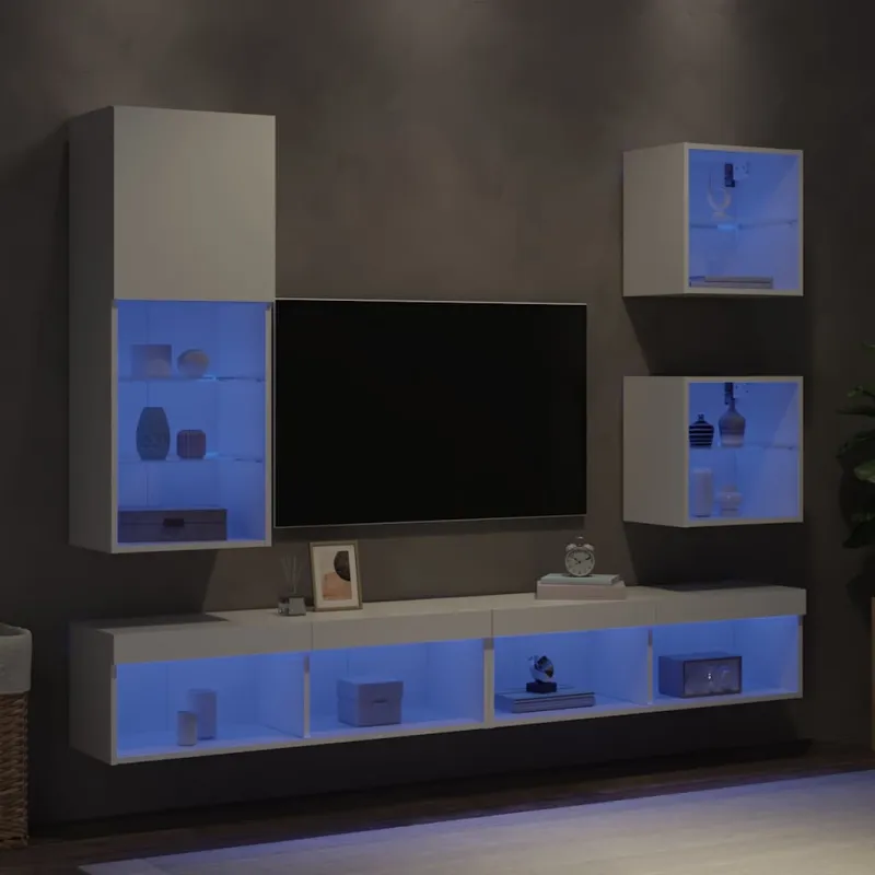Sieninė TV sekcija su LED, 5 dalių, balta, apdirbta mediena