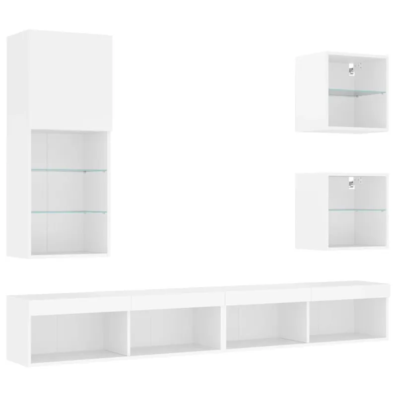 Sieninė TV sekcija su LED, 5 dalių, balta, apdirbta mediena