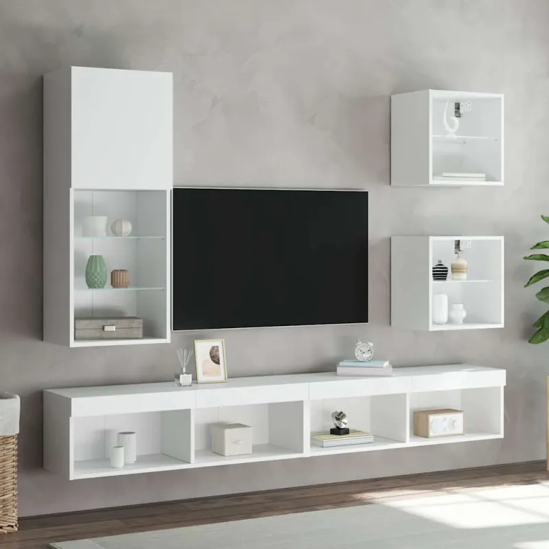 Sieninė TV sekcija su LED, 5 dalių, balta, apdirbta mediena