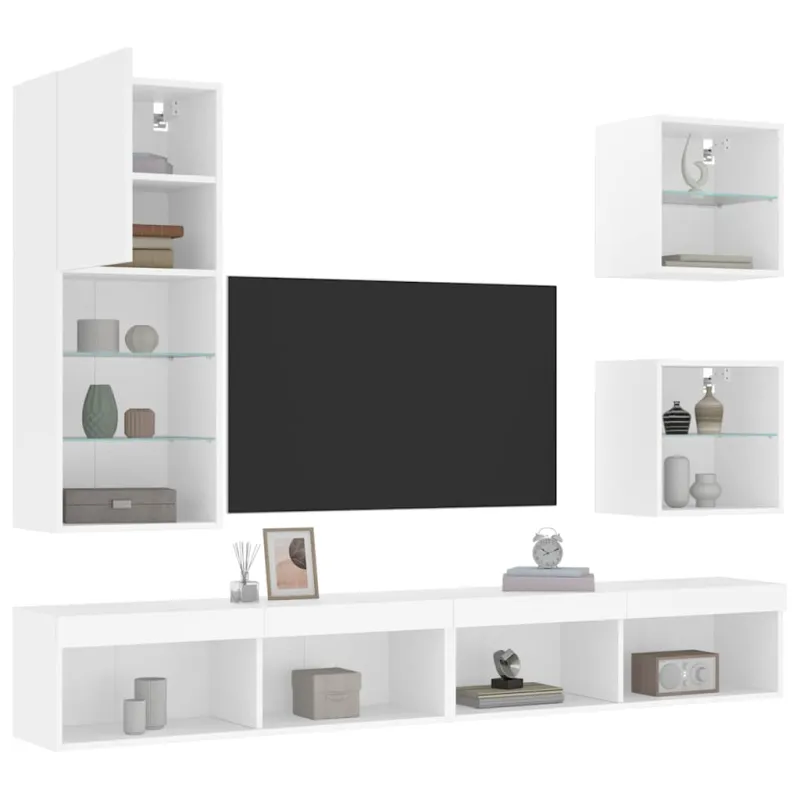 Sieninė TV sekcija su LED, 5 dalių, balta, apdirbta mediena