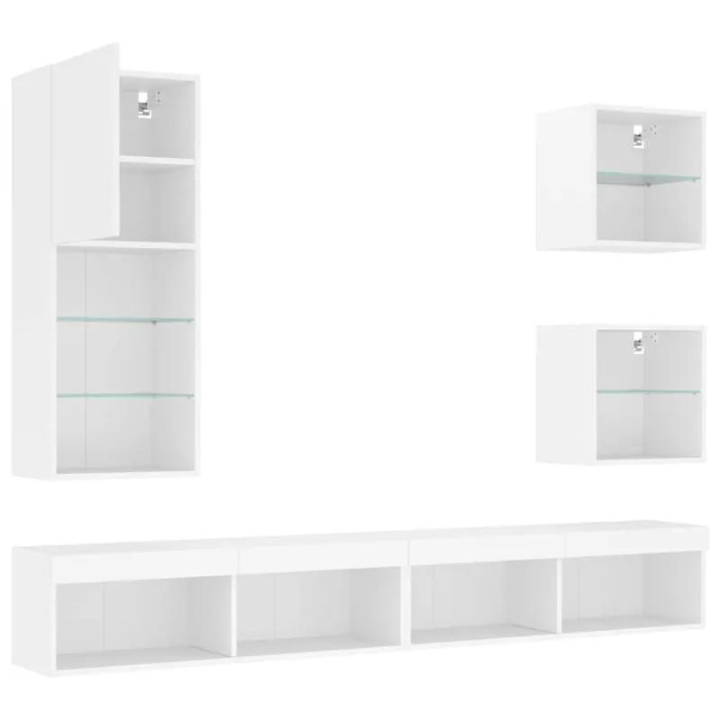 Sieninė TV sekcija su LED, 5 dalių, balta, apdirbta mediena