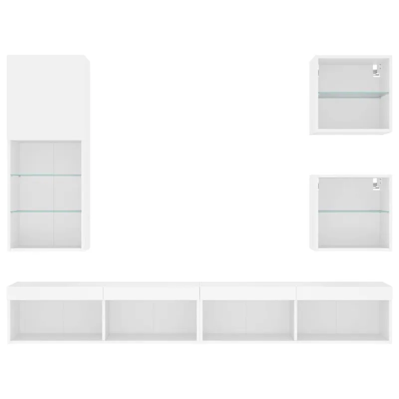 Sieninė TV sekcija su LED, 5 dalių, balta, apdirbta mediena