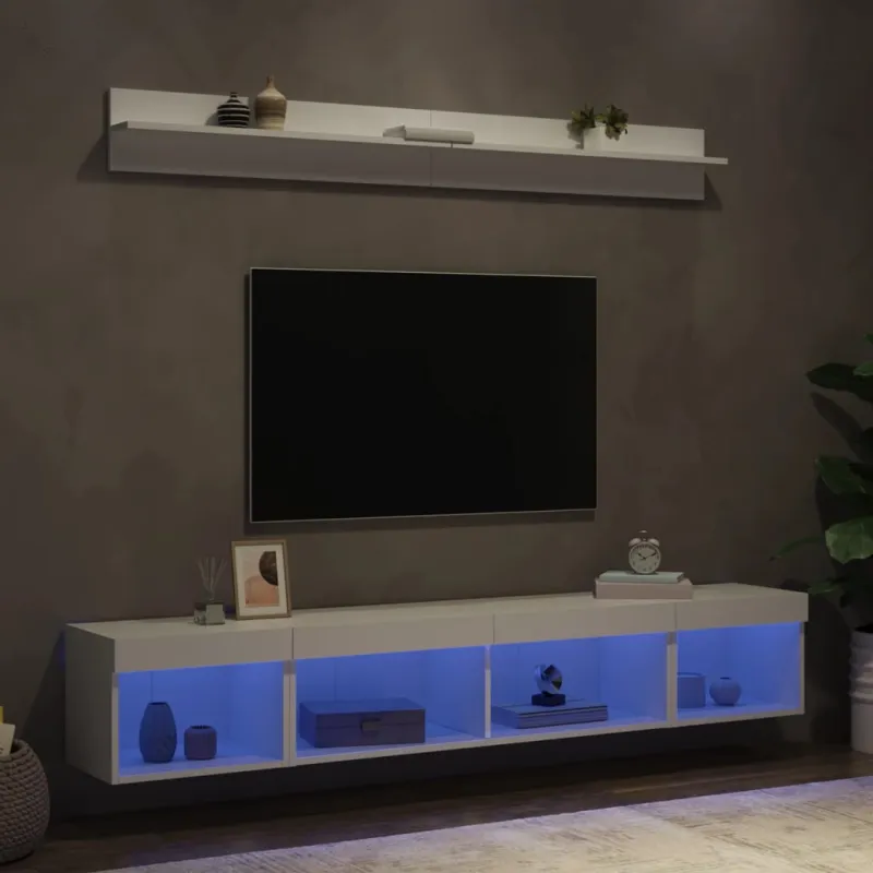 Sieninė TV sekcija su LED, 5 dalių, balta, apdirbta mediena