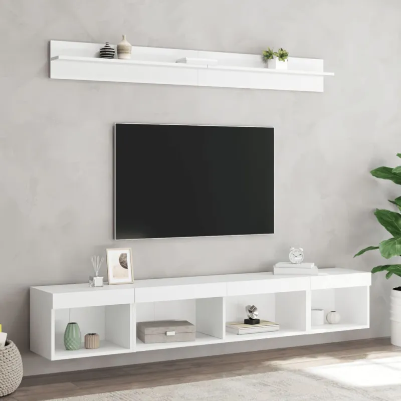 Sieninė TV sekcija su LED, 5 dalių, balta, apdirbta mediena