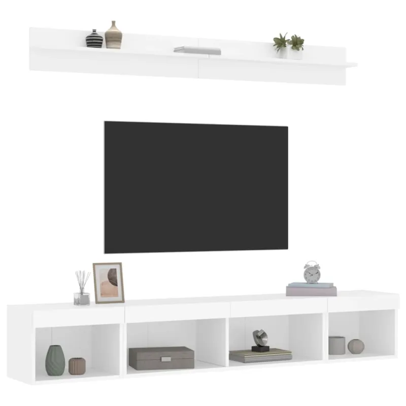 Sieninė TV sekcija su LED, 5 dalių, balta, apdirbta mediena