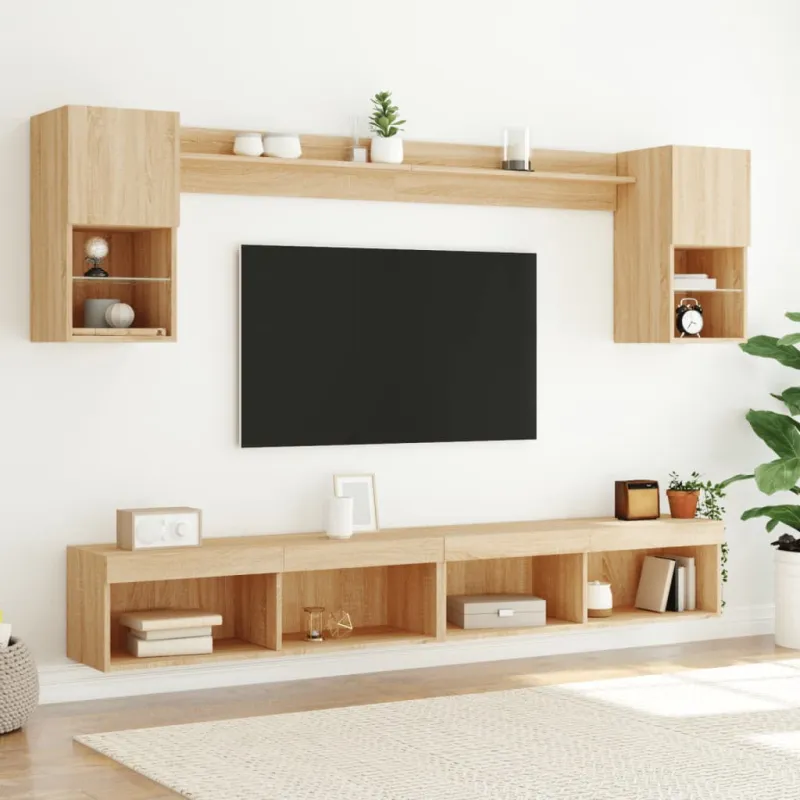 Sieninė TV sekcija su LED, 6 dalių, ąžuolo, apdirbta mediena