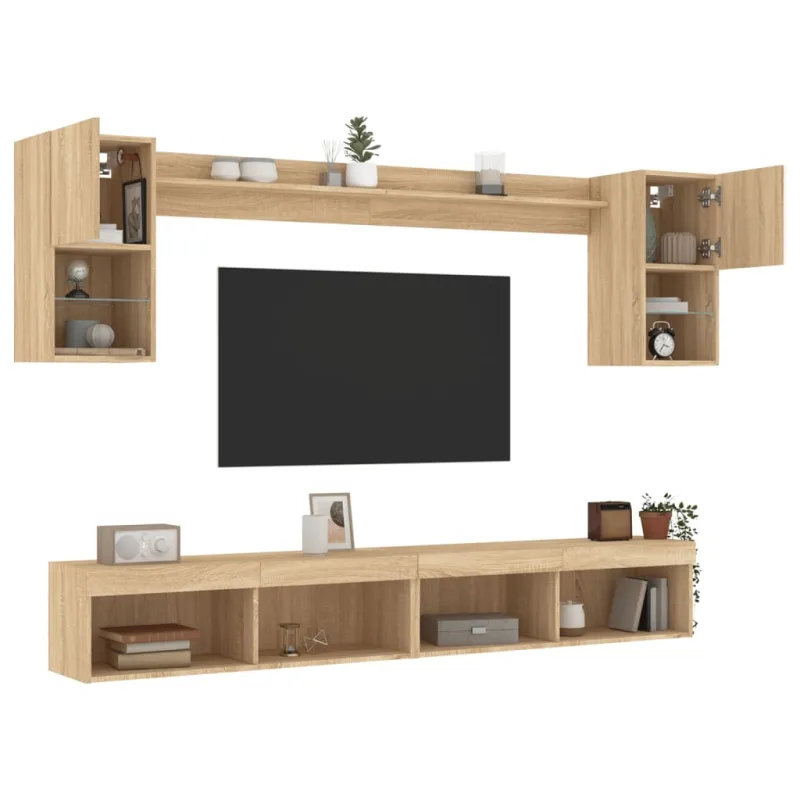 Sieninė TV sekcija su LED, 6 dalių, ąžuolo, apdirbta mediena