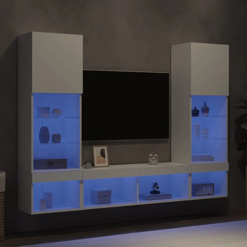 Sieninė TV sekcija su LED, 5 dalių, balta, apdirbta mediena