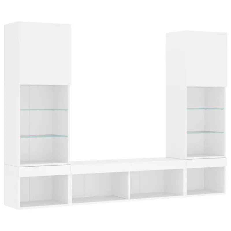Sieninė TV sekcija su LED, 5 dalių, balta, apdirbta mediena