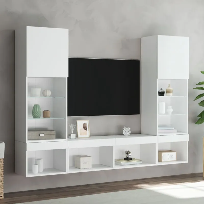 Sieninė TV sekcija su LED, 5 dalių, balta, apdirbta mediena