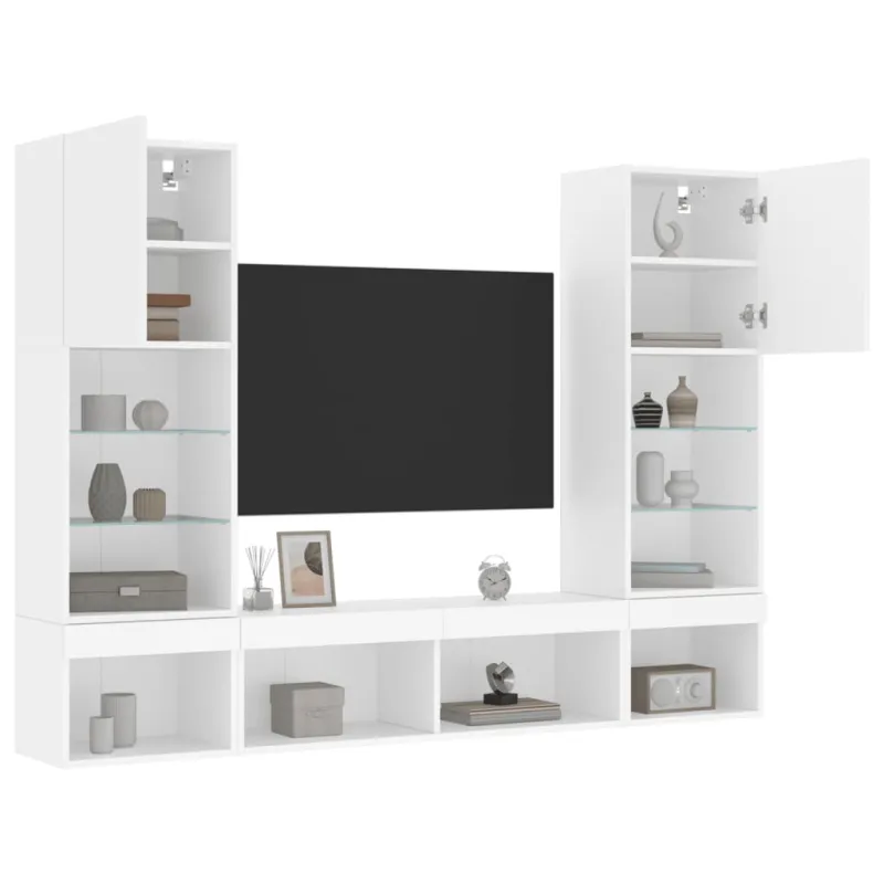 Sieninė TV sekcija su LED, 5 dalių, balta, apdirbta mediena