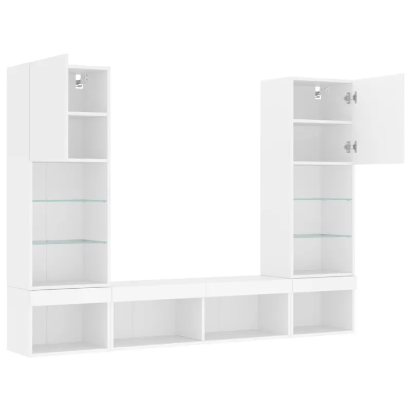 Sieninė TV sekcija su LED, 5 dalių, balta, apdirbta mediena