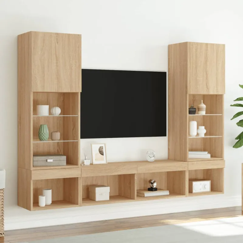 Sieninė TV sekcija su LED, 5 dalių, ąžuolo, apdirbta mediena