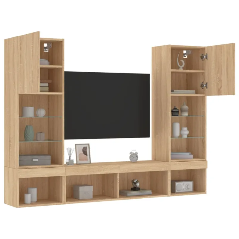 Sieninė TV sekcija su LED, 5 dalių, ąžuolo, apdirbta mediena