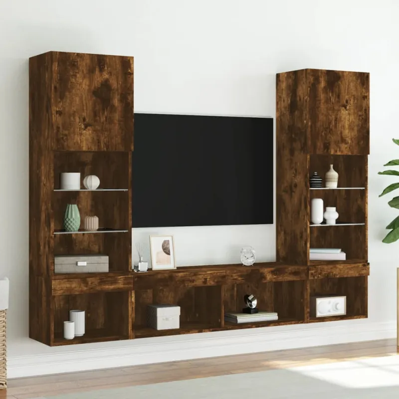 Sieninė TV sekcija su LED, 5 dalių, dūminio ąžuolo, mediena