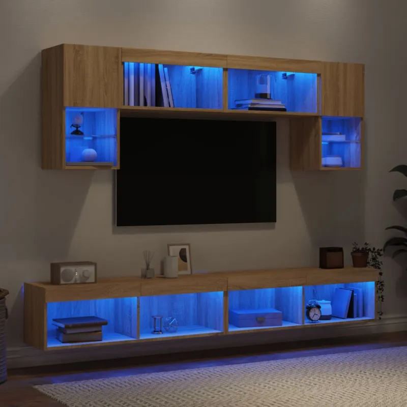 Sieninė TV sekcija su LED, 6 dalių, ąžuolo, apdirbta mediena