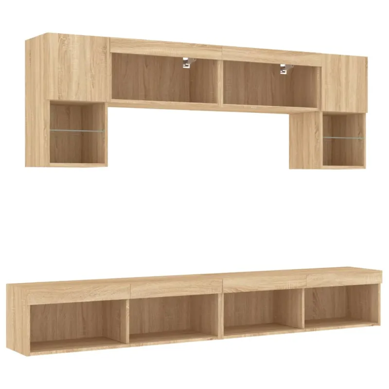 Sieninė TV sekcija su LED, 6 dalių, ąžuolo, apdirbta mediena