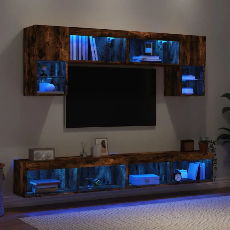 Sieninė TV sekcija su LED, 6 dalių, dūminio ąžuolo, mediena