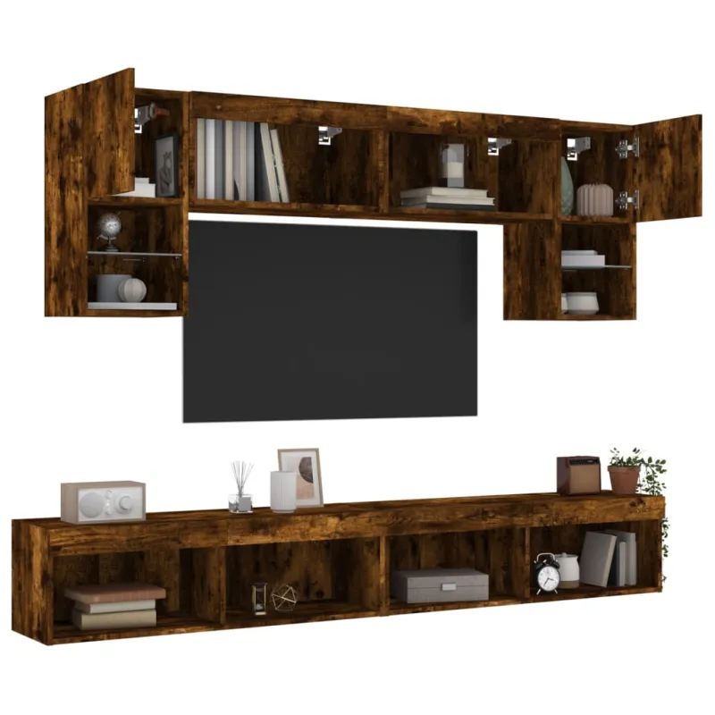 Sieninė TV sekcija su LED, 6 dalių, dūminio ąžuolo, mediena