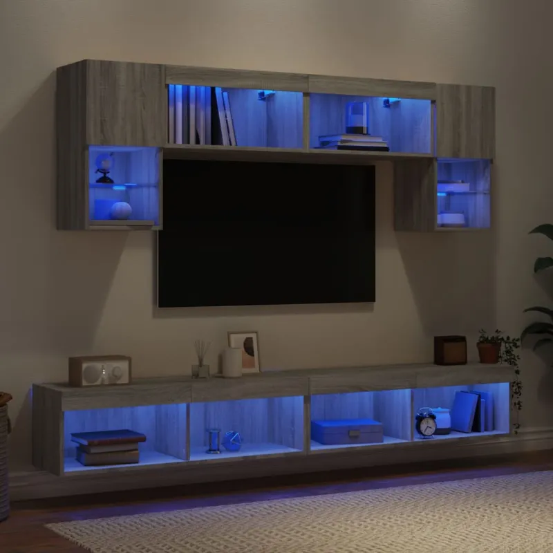 Sieninė TV sekcija su LED, 6 dalių, pilka ąžuolo, mediena