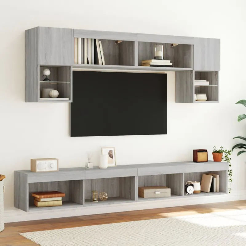 Sieninė TV sekcija su LED, 6 dalių, pilka ąžuolo, mediena