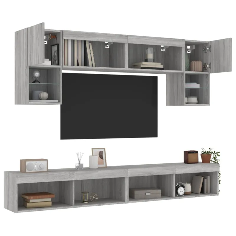Sieninė TV sekcija su LED, 6 dalių, pilka ąžuolo, mediena