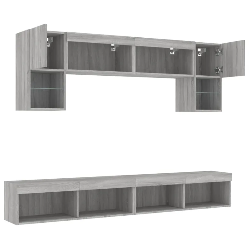 Sieninė TV sekcija su LED, 6 dalių, pilka ąžuolo, mediena