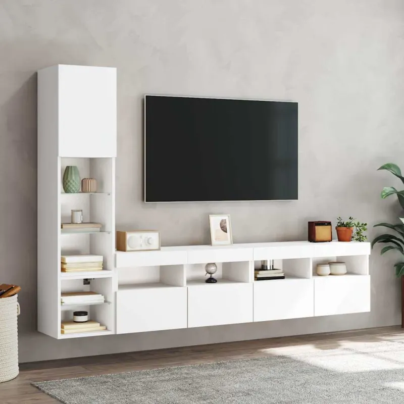 Sieninė TV sekcija su LED, 4 dalių, balta, apdirbta mediena