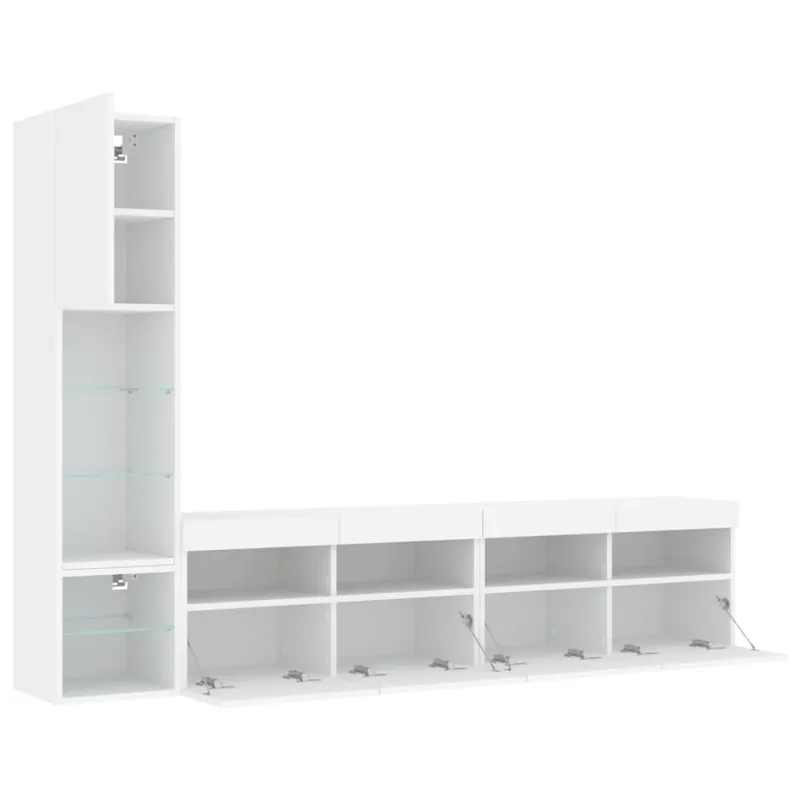 Sieninė TV sekcija su LED, 4 dalių, balta, apdirbta mediena