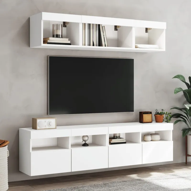 Sieninė TV sekcija su LED, 5 dalių, balta, apdirbta mediena