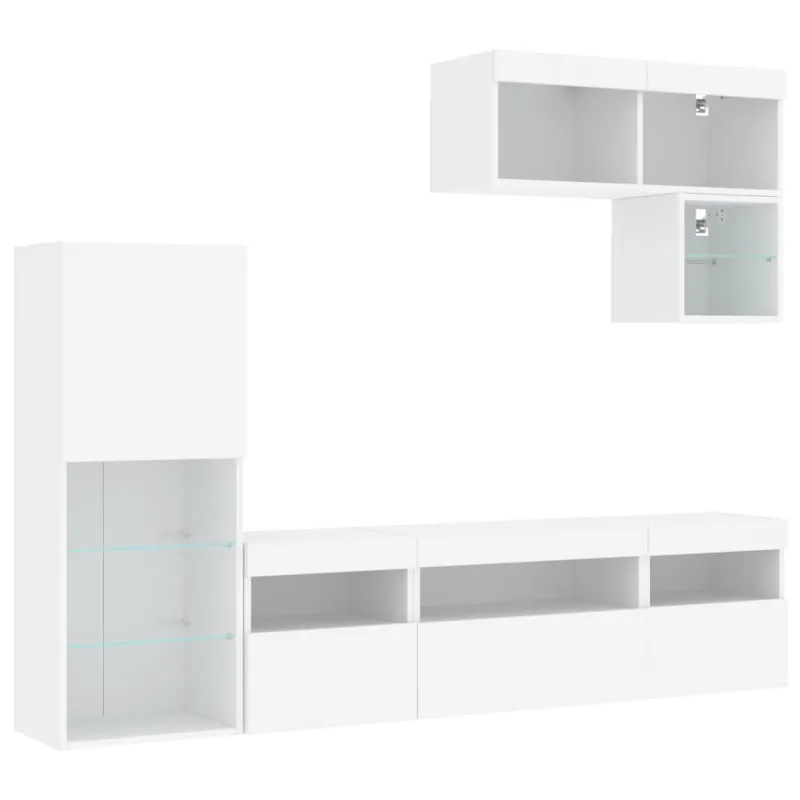 Sieninė TV sekcija su LED, 6 dalių, balta, apdirbta mediena